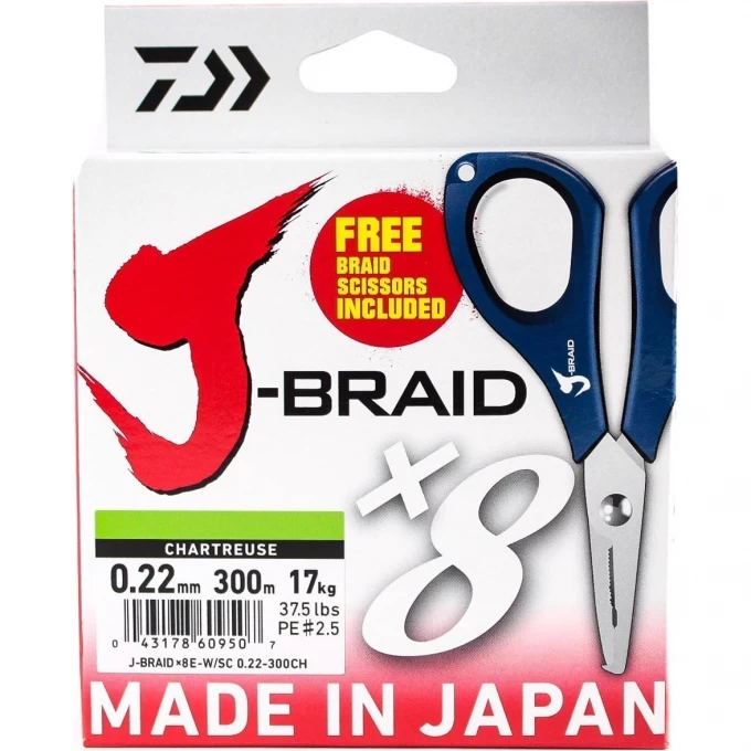 Шнур DAIWA J-Braid X8E-W/SC 0,22мм 300м chartreuse + ножницы 40002967 Шнур DAIWA J-Braid X8E-W/SC 0,22мм 300м chartreuse + ножницы 40002967